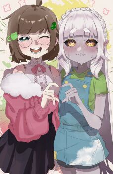 Rule 34 | 2026, 2girls, :3, blush, brown hair, choguette, colored skin, cosplay, costume switch, freckles, frog girl, glasses, grey skin, heart, heart hands, indie virtual youtuber, insect girl, kumo kuddelmuddel, lily hopkins, multiple girls, overalls, pale skin, pointy ears, spider girl, white hair