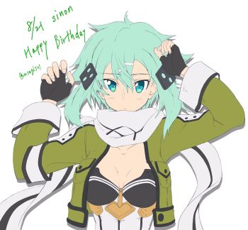 Rule 34 | 1girl, :<, aqua eyes, aqua hair, arms up, artist name, asagi501, birthday date, black gloves, black leotard, black trim, breasts, character name, cleavage, closed mouth, collarbone, commentary request, cropped jacket, double-parted bangs, fingerless gloves, frown, gloves, green jacket, hair between eyes, hair ornament, hairclip, happy birthday, highres, jacket, leotard, long sleeves, looking at viewer, medium breasts, medium hair, messy hair, multicolored leotard, open clothes, open jacket, scarf, simple background, sinon, solo, straight-on, sword art online, twitter username, two-tone leotard, upper body, white background, white jacket, white leotard, white scarf
