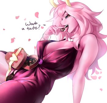 Rule 34 | aged up, armpit crease, ashido mina, black panties, black sclera, boku no hero academia, box, breasts, chocolate, cleavage, colored sclera, colored skin, covered erect nipples, dress, heart-shaped box, hhholic, holic fz, jewelry, lace, lace-trimmed panties, lace trim, licking, lipstick, long hair, looking at viewer, makeup, narrowed eyes, necklace, open mouth, panties, pink hair, pink skin, red dress, seductive gaze, seductive smile, sleeveless, sleeveless dress, smile, thighs, tongue, underwear, valentine, valentine chocolate, yellow eyes