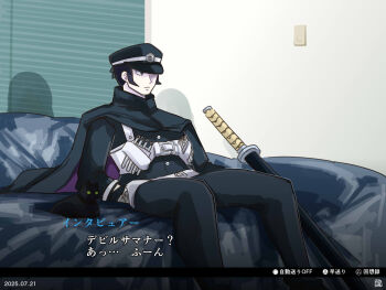 Rule 34 | 1boy, black cape, black cat, black eyes, black hair, black hat, black pants, black shirt, buttons, cape, cat, chest harness, closed mouth, commentary request, devil summoner (series), expressionless, feet out of frame, harness, hat, highres, holster, indoors, itini-sanshi, katana, kuzunoha raidou, light switch, looking afar, male focus, manatsu no yo no inmu, meme, pants, shirt, short hair, solo, sword, translation request, weapon, window blinds, yjsnpi interview (meme)