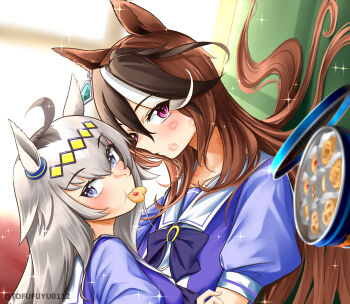 2girls after_kiss ahoge animal_ears blue_eyes blush bow bowtie brown_hair closed_mouth cookie cookie_tin_(object) ear_ornament earrings food food_in_mouth grey_hair hair_between_eyes hair_ornament hairband highres horse_ears horse_girl indoors jewelry kiss lipstick_mark long_hair multicolored_hair multiple_girls oguri_cap_(umamusume) puffy_short_sleeves puffy_sleeves purple_bow purple_eyes purple_shirt sailor_collar sailor_shirt school_uniform shirt short_sleeves single_earring streaked_hair symboli_rudolf_(umamusume) tofufuyu0112 tracen_school_uniform umamusume upper_body white_hair white_sailor_collar yuri