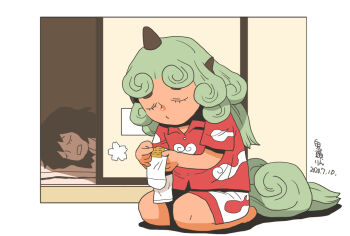 2girls black_hair closed_eyes cloud_print commentary_request cone_horns curly_hair dated full_body green_hair grey_horns hakurei_reimu horns kariyushi_shirt komano_aunn long_hair multiple_girls onikobe_rin open_mouth patchwork_clothes red_shirt seiza shirt shorts single_horn sitting sleeping socks touhou white_shorts