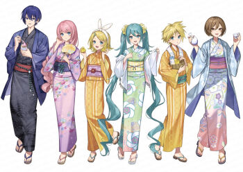 Rule 34 | 2boys, 4girls, :d, aqua eyes, aqua hair, black kimono, blonde hair, blue eyes, braid, brown shoes, commentary request, floral print, floral print kimono, full body, green kimono, hair between eyes, hatsune miku, holding, japanese clothes, kagamine len, kagamine rin, kaito (vocaloid), kimono, long hair, megurine luka, meiko (vocaloid), multicolored kimono, multiple boys, multiple girls, official art, open mouth, orange kimono, pink hair, print kimono, purple kimono, sandals, shoes, smile, toes, tsunakawa, twintails, very long hair, vocaloid, white shoes
