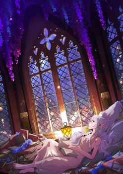 1girl bare_shoulders barefoot blue_flower book commentary dress earrings elf english_commentary flower frieren holding holding_book jewelry pointy_ears qwetzo reading sleeveless solo sousou_no_frieren teardrop_earrings white_hair