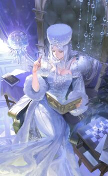 1girl armchair artist_request book breasts bug butterfly butterfly_on_hand cape chair chessboard cleavage crystal curtains detached_sleeves drawer dress erika_(shining_nikki) feet_out_of_frame floating floating_object fur-trimmed_cape fur-trimmed_sleeves fur_hat fur_trim game_cg hair_flowing_over hand_up hat highres holding holding_book indoors insect lace_collar legs_together lips long_dress long_hair long_sleeves looking_at_animal nikki_(series) official_art open_book open_drawer orb papakha paper parted_bangs plant quran_(object) reading red_eyes shining_nikki sitting snowflake_print snowy_realm_(shining_nikki) solo strapless strapless_dress table tile_floor tiles white_cape white_dress white_hair white_hat