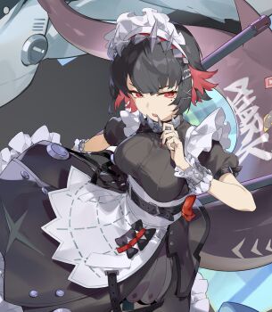 1girl black_bow black_hair bow candy colored_inner_hair commentary_request ellen_joe fins fish_tail food frilled_wristband hairband half-closed_eyes highres holding holding_candy holding_food holding_lollipop holding_weapon lollipop lollipop_in_mouth looking_at_viewer maid maid_headdress metal_hairband mole mole_under_eye multicolored_hair razor_blade_hair_ornament red_eyes red_nails scar scar_on_tail shark_girl shark_tail short_hair solo spiked_headband sticker tail tameng_official weapon zenless_zone_zero