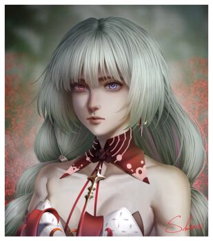 1girl bare_shoulders blue_eyes breasts closed_mouth commentary earrings grey_hair heterochromia highres jewelry long_hair looking_at_viewer medium_breasts multicolored_hair phrolova_(wuthering_waves) portrait red_eyes shin31_31_31 signature solo streaked_hair wuthering_waves