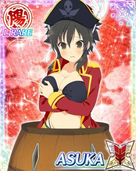 1girl asuka_(senran_kagura) barrel bikini black_bikini blush border breasts brown_eyes brown_hair card_(medium) character_name cleavage coat covering_breasts covering_privates game_cg groin hair_ribbon hat large_breasts looking_at_viewer navel official_art open_clothes open_coat open_mouth pirate_hat ponytail red_background red_coat ribbon senran_kagura senran_kagura_new_wave short_ponytail solo swimsuit third-party_source upper_body white_ribbon