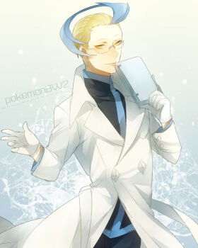 10s blonde_hair blue_hair colress_(pokemon) glasses gloves lab_coat male_focus multicolored_hair nintendo pokemon pokemon_bw2 professor two-tone_hair