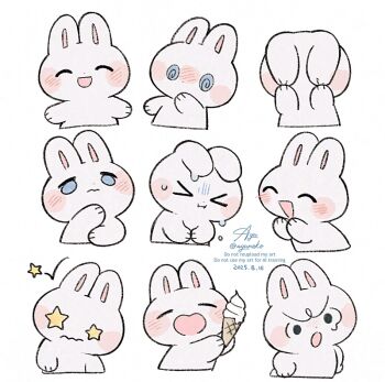 Rule 34 | > <, :d, :i, :o, @ @, ^ ^, animal, animal focus, ayu (mog), blue eyes, blush stickers, closed eyes, closed mouth, commentary, commentary request, dated, ears down, english commentary, food, holding, holding food, holding ice cream, ice cream, mixed-language commentary, multiple views, no humans, open mouth, original, rabbit, signature, smile, solid circle eyes, star (symbol), sweat, twitter username, v-shaped eyebrows, watermark, wavy mouth