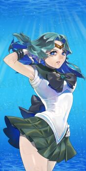 absurdres aqua_hair aqua_sailor_collar aqua_skirt bishoujo_senshi_sailor_moon blue_choker bow breasts brooch choker cowboy_shot gloves green_hair highres jewelry kaiou_michiru katt_sun long_hair magical_girl medium_breasts outer_senshi sailor_collar sailor_neptune sailor_senshi skirt smile sunlight underwater watermark white_gloves