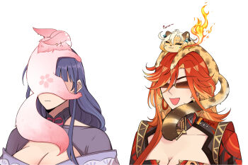 2girls :d animalization ankie_(ankys_) breasts cleavage collarbone commentary fox genshin_impact highres jaguar long_hair mavuika_(genshin_impact) multiple_girls off_shoulder open_mouth purple_hair raiden_shogun red_hair simple_background smile sunglasses upper_body white_background xilonen_(genshin_impact) yae_miko yae_miko_(fox)