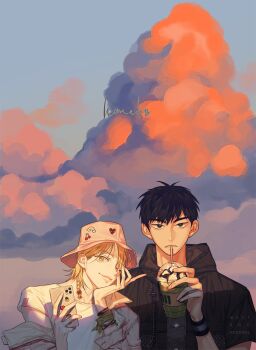 Rule 34 | 2boys, baek eunyung, black eyes, black hair, black jacket, blonde hair, commentary, cup, goh haejoon, golden hour, hat, highres, jacket, looking at viewer, multiple boys, no home (manhwa), outdoors, shirt, sitting, sky, symbol-only commentary, westdogalcohol, white shirt, yellow eyes