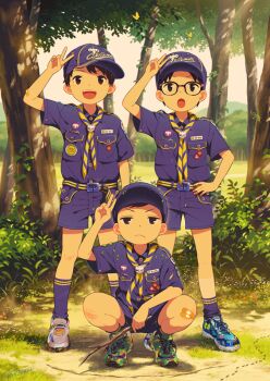 3boys ant artist_name bandaid bandaid_on_arm bandaid_on_knee bandaid_on_leg baseball_cap bug child commentary_request forest frown glasses half-closed_eyes hand_on_own_hip hat holding holding_stick insect looking_at_viewer male_focus multiple_boys nature noeyebrow_(mauve) open_mouth original outdoors short_hair shorts squatting stick teeth tree upper_teeth_only v