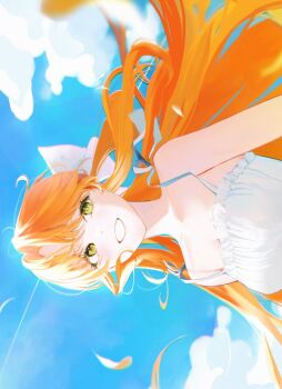 Rule 34 | 1girl, bare shoulders, blue sky, blurry, blush, bow, cloud, cloudy sky, collarbone, day, dress, eyelashes, falling petals, green eyes, hair bow, happy, long hair, looking afar, open mouth, orange hair, original, outdoors, parted bangs, petals, sidelocks, sky, smile, solo, teeth, totomong, upper body, white bow, white dress, wind, yellow petals