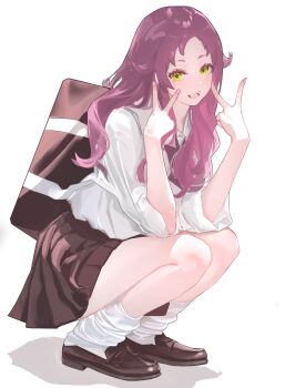 1girl absurdres aisha_greyrat bag black_bag black_skirt brown_shoes commentary double_v forehead green_eyes highres holding holding_bag long_hair loose_socks mushoku_tensei open_mouth purple_hair ronuma shirt shoes skirt socks solo squatting v white_shirt white_socks