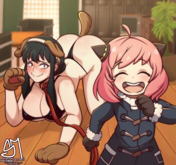 2girls animal_collar animal_ears anya_(spy_x_family) arm_at_side artist_logo artist_name ass bikini black_bikini black_gloves black_hair blue_coat blush breasts brown_gloves closed_eyes closed_mouth clueless coat collar constricted_pupils cowboy_shot dog_ears dog_tail dot_nose embarrassed eyebrows eyelashes fake_animal_ears fake_tail feet_out_of_frame female_focus gloves hand_up happy highres holding holding_leash huge_ass humiliation indoors large_breasts leash logo loli long_sleeves looking_at_viewer medium_hair multiple_girls nervous open_mouth paw_gloves pet_play pink_hair red_collar red_eyes semi_draws short_hair_with_long_locks sidelocks smile spy_x_family standing sweater swimsuit tail teeth thong top-down_bottom-up upper_teeth_only variant_set wavy_mouth white_sweater yor_briar