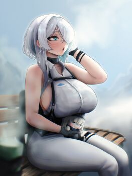 1girl absurdres bare_shoulders bench black_choker black_corset black_gloves black_jacket blue_eyes blurry blurry_background blush breasts brid_(nikke) brid_(silent_track)_(nikke) chest_harness choker colored_inner_hair commentary corset cup disposable_coffee_cup disposable_cup doll earrings english_commentary gloves goddess_of_victory:_nikke hair_over_one_eye harness highres holding holding_cup holding_doll hoop_earrings jacket jewelry large_breasts long_hair multicolored_hair open_mouth pants parted_bangs sideboob sideless_shirt sitting solo tight_clothes tight_pants tomender white_hair white_pants