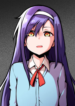 Rule 34 | 1girl, artist request, blue hair, bokutachi wa benkyou ga dekinai, brown eyes, cardigan, furuhashi fumino, hairband, highres, mole, mole under eye, open mouth, school uniform, solo, upper body