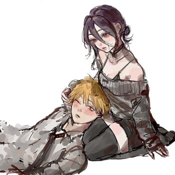 Rule 34 | 1boy, 1girl, bare shoulders, black choker, black hair, black necktie, black shoes, black shorts, black thighhighs, blonde hair, blush, breasts, chainsaw man, choker, cleavage, collared shirt, couple, denji (chainsaw man), grey sweater, hair between eyes, hair bun, hand in another's hair, hetero, highres, kneeling, lap pillow, leigh 113n, medium breasts, medium hair, necktie, off-shoulder sweater, off shoulder, one eye closed, reclining, reze (chainsaw man), shirt, shoes, short hair, shorts, sketch, sweater, thighhighs, white background, white shirt