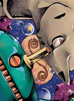 2others animal_ears araki_hirohiko_(style) ark_nemesis blue_background cat_ears colored_skin green_skin highres jojo_no_kimyou_na_bouken jojolion killer_queen multiple_others no_mouth orange_eyes robot rokakaka soap_bubbles soft_&amp;_wet stand_(jojo) star_(symbol)