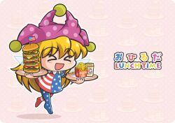 Rule 34 | &gt; &lt;, 1girl, :d, american flag, american flag dress, american flag legwear, blonde hair, blush, burger, cafe au lait, chibi, closed eyes, clownpiece, coffee cup, commentary request, cup, disposable cup, dress, english text, food, food-themed background, french fries, full body, hat, holding, holding tray, jester cap, jun sasaura, long hair, medium bangs, neck ruff, no shoes, open mouth, pantyhose, pink background, pink hat, polka dot, polka dot background, polka dot headwear, smile, solo, star (symbol), star print, striped clothes, striped dress, striped pantyhose, too much burger, touhou, tray, very long hair, walking, xd