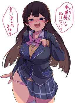 1girl blue_eyes blush bow bowtie breasts brown_hair clothes_lift hair_ornament hairclip highres lapels large_breasts long_hair long_sleeves mochimorira nijisanji open_mouth panties panty_pull pink_bow pink_bowtie plaid_clothes plaid_lapels plaid_skirt pleated_skirt school_uniform simple_background skirt skirt_lift smile solo sweat thighhighs tsukino_mito tsukino_mito_(1st_costume) underwear virtual_youtuber white_background white_thighhighs