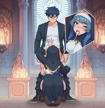 1boy 1girl after_fellatio ass black_thighhighs blue_dress blue_eyes blue_gemstone blue_hair blue_jacket blue_pants breasts candle caroline_(nayt_layt) clothes_pull coif commentary cum cum_in_mouth cum_string dress english_commentary feet garter_straps gem glasses gold_trim hetero highres indoors jacket kneeling large_breasts long_hair long_sleeves looking_at_another looking_down makeup nayt_layt no_shoes nun one_eye_closed open_clothes open_jacket open_mouth original pants pants_pull puffy_long_sleeves puffy_sleeves runny_makeup sculpture shirt short_hair soles standing t-shirt tearing_up thighhighs toes tongue tongue_out white_shirt window