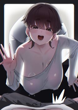 2girls absurdres black_eyes black_hair black_shorts breasts bulge cleavage cosplay dress earrings erection erection_under_clothes futanari futanari_pov highres jewelry large_breasts long_sleeves looking_at_viewer mole mole_under_eye mole_under_mouth multiple_girls nipple_piercing open_mouth original piercing pov shorts single_bare_shoulder single_off_shoulder smile solo_focus stud_earrings tagua the_ring through_medium through_screen white_dress yamamura_sadako yamamura_sadako_(cosplay)