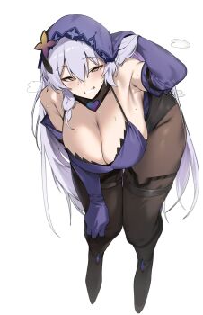 1girl bare_shoulders bent_over black_boots black_pantyhose black_swan_(honkai:_star_rail) blush boots breasts cleavage commentary full_body gloves highres honkai:_star_rail honkai_(series) huge_breasts long_hair looking_at_viewer pantyhose parted_lips purple_gloves purple_hair simple_background smile solo standing sweat thick_thighs thigh_boots thighs urec white_background