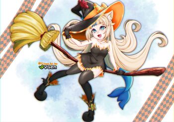 >_< 1girl :3 animal_ears bare_shoulders black_boots black_dress black_gloves black_hat black_thighhighs blonde_hair blue_eyes blue_hair boots bow broom broom_riding cat_ears commentary dress english_commentary fang fins fish_tail full_body gloves hat hat_bow hat_tip highres indie_virtual_youtuber linea.ani.inc long_hair multicolored_hair petite sameko_saba short_dress solo strapless strapless_dress streaked_hair tail thighhighs two-tone_hair very_long_hair virtual_youtuber watermark witch_hat zettai_ryouiki