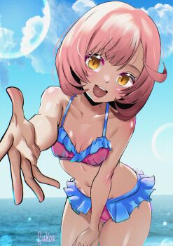 absurdres ayase_naru beach bikini breasts brown_eyes commentary english_commentary fukou highres pink_bikini pink_hair pretty_rhythm pretty_rhythm_rainbow_live pretty_series reaching reaching_towards_viewer small_breasts smile stomach swimsuit