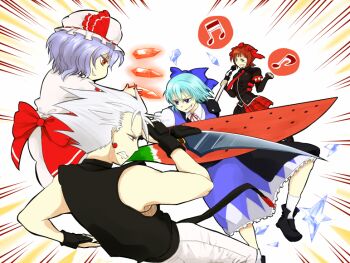 Rule 34 | 1boy, 3girls, advent cirno, amami haruka, arm blade, black shirt, blue dress, blue eyes, blue hair, bow, brown hair, chipp zanuff, cirno, clenched teeth, crossover, crystal, danmaku, dress, fighting, fingerless gloves, food, fruit, gloves, green eyes, guilty gear, hair bow, hair ribbon, hat, hat ribbon, holding, holding microphone, ice, idol, idolmaster, kamosuzume, looking at another, m.u.g.e.n, microphone, microphone stand, mob cap, multiple crossover, multiple girls, musical note, open mouth, pants, pink dress, punkish gothic (idolmaster), red eyes, remilia scarlet, ribbon, shirt, short hair, short sleeves, skirt, sleeveless, sleeveless shirt, smile, suika blade, teeth, touhou, two-tone dress, watermelon, watermelon sword, weapon, white background, white hair, white pants