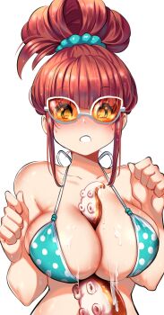 1girl :o aqua_bikini aqua_scrunchie bang_(gesture) between_breasts bikini blue_eyes blush bow breasts female_focus finger_gun hair_bow hair_bun hair_ornament hair_scrunchie highres kenron_toqueen large_breasts nose_blush octopus orange-tinted_eyewear orange-tinted_glasses original parted_lips polka_dot polka_dot_bikini polka_dot_bikini_top red_hair scrunchie sidelocks simple_background single_hair_bun solo suggestive_fluid sunglasses sweat swimsuit tentacles tinted_eyewear tomatita upper_body wet white_background