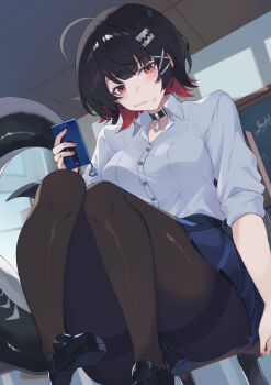 1girl ahoge black_choker black_hair black_shoes blue_skirt cellphone_charm chair charm_(object) choker collarbone colored_inner_hair commentary commentary_request ellen_joe ellen_joe_(on_campus) english_commentary fins fish_tail hack_waltz highres holding holding_phone indoors legs_up lollipop_in_mouth looking_at_viewer mixed-language_commentary mole mole_under_eye multicolored_hair official_alternate_costume on_chair pendant_choker phone razor_blade_hair_ornament red_eyes red_nails scar scar_on_tail shark_girl shark_tail sharkboo_(zenless_zone_zero) shirt shoes short_hair sitting skirt sleeves_rolled_up solo tail white_shirt zenless_zone_zero