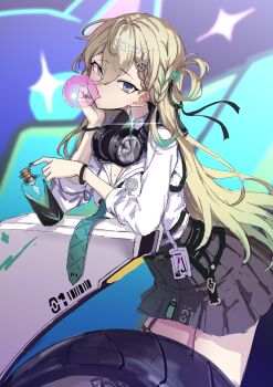 1girl aqua_necktie black_skirt blonde_hair blowing_bubble_gum blue_eyes braid braided_bangs breasts chewing_gum cleavage commentary_request earrings hair_between_eyes hair_ornament headphones headphones_around_neck highres id_card jewelry long_hair looking_at_viewer lynae_(wuthering_waves) medium_breasts necktie ryuudog shirt shirt_tucked_in skirt skull_hair_ornament solo spray_can star_(symbol) star_earrings white_shirt wuthering_waves