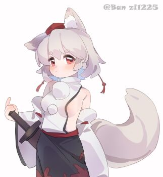 Rule 34 | 1girl, absurdres, animal ear fluff, animal ears, black skirt, blush, breasts, closed mouth, commentary, detached sleeves, grey hair, gumingdi ban, hat, highres, holding, holding sword, holding weapon, inubashiri momiji, looking at viewer, medium hair, no bra, pom pom (clothes), red eyes, red hat, red skirt, sheath, sheathed, sideboob, simple background, skirt, solo, sword, tail, tokin hat, touhou, twitter username, two-tone skirt, weapon, white background, wolf ears, wolf girl, wolf tail