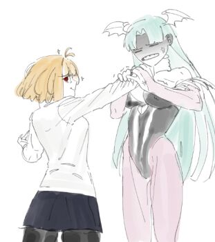 2girls ahoge anger_vein angry arcueid_brunestud bare_shoulders black_pantyhose blonde_hair breasts cleavage cleavage_cutout closed_eyes clothing_cutout crossover darkstalkers fighting fingernails green_hair head_wings implied_after_fight leodot leotard long_hair looking_at_viewer morrigan_aensland multiple_girls pantyhose partially_shaded_face red_eyes scene_reference sharp_fingernails short_hair sketch smile sparkle strangling struggling sweater tsukihime tsukihime_(remake) turtleneck turtleneck_sweater unfinished white_sweater wide_hips wings