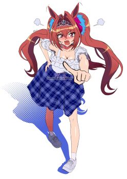 1girl absurdres animal_ears blue_skirt blush brown_hair daiwa_scarlet_(umamusume) fang highres horse_ears horse_girl looking_at_viewer mergeritter open_mouth red_eyes shirt skirt solo tiara twintails twitter_username umamusume white_shirt