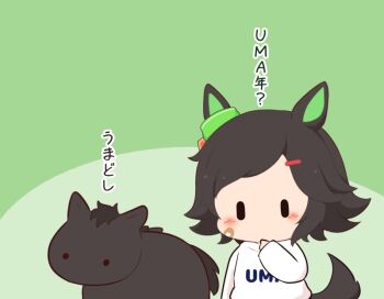 1girl animal_ears bandaid bandaid_on_cheek bandaid_on_face black_hair blush bow chibi chibi_only clothes_writing commentary ear_ribbon gomashio_(goma_feet) green_background green_ribbon hair_ornament hairclip hand_up horse horse_ears horse_girl long_sleeves no_mouth ribbon romaji_commentary shirt short_hair translated umamusume upper_body white_shirt winning_ticket_(racehorse) winning_ticket_(umamusume)