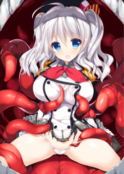 1girl blue_eyes breasts buttons comiket_91 commentary_request double-breasted grey_hair kantai_collection kashima_(kancolle) large_breasts long_hair looking_at_viewer no_pants open_mouth panties shimesaba_kohada straddling tentacles twintails underwear white_panties