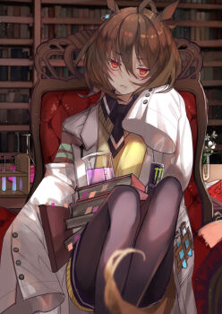 1girl agnes_tachyon_(tach-nology)_(umamusume) agnes_tachyon_(umamusume) ahoge aiha-deko animal_ears beaker black_pantyhose book book_stack bookshelf brown_hair chair commentary_request erlenmeyer_flask flask flower hair_between_eyes half-closed_eyes horse_ears horse_girl horse_tail lab_coat long_sleeves monster_energy pantyhose red_eyes sitting sleeves_past_fingers sleeves_past_wrists solo tail test_tube test_tube_rack umamusume