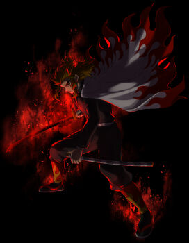 1boy aura belt black_background black_jacket black_pants black_socks blonde_hair cape closed_mouth colored_tips commentary_request demon_slayer_uniform dual_wielding energy fighting_stance fire flame_print flaming_sword flaming_weapon floating_clothes floating_hair forked_eyebrows from_side full_body hashimoto_(yanagi-momo) highres holding holding_sheath holding_sword holding_weapon jacket japanese_clothes katana kimetsu_no_yaiba long_hair long_sleeves looking_at_viewer male_focus multicolored_hair pants profile red_eyes red_hair rengoku_kyoujurou sandals sheath simple_background socks solo standing streaked_hair sword tabi two-tone_hair unsheathed weapon white_belt white_cape