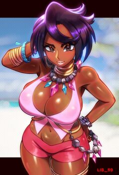 1girl aqua_gem artist_name bare_arms bare_shoulders bead_necklace beads black_hair bracelet breasts cleavage dark-skinned_female dark_skin diamond_(gemstone) diamond_(shape) diamond_earrings earrings gem halter_shirt halterneck highres jewelry large_breasts lib_100 nail_polish neck_ring necklace nintendo olivia_(pokemon) pink_gem pink_lips pokemon pokemon_sm purple_shorts short_hair shorts smile solo tsurime z-ring