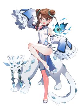 1girl :d alternate_color blue_eyes blue_trim breasts bright_pupils brown_hair chi-yu_(pokemon) chien-pao china_dress chinese_clothes coletta_(colet_colettia) commentary_request covered_navel detached_sleeves double_bun dress eyelashes fang fish hair_between_eyes hair_bun highres ice juliana_(pokemon) looking_at_viewer nintendo open_mouth pokemon pokemon_(creature) pokemon_sv shiny_pokemon skin_fang sleeves_past_fingers sleeves_past_wrists slippers small_breasts smile snow_leopard standing standing_on_one_leg tail watermark white_background white_pupils