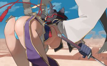 1girl armor ass bent_over blue_panties breast_curtains breasts day fate/grand_order fate_(series) feather_hair_ornament feathers from_behind hair_ornament hanging_breasts hat highres holding holding_sword holding_weapon japanese_armor medium_breasts niwatori5948 on_rooftop outdoors panties revealing_clothes rooftop shoulder_armor side_ponytail sode solo sword tate_eboshi underwear ushiwakamaru_(fate) ushiwakamaru_(second_ascension)_(fate) weapon white_sleeves