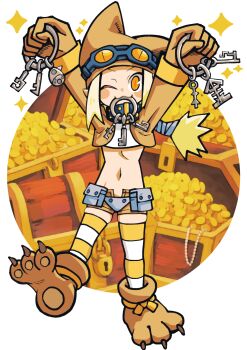 1girl animal_hat batchgooya blonde_hair blush brown_gloves brown_jacket cat_hat crop_top cropped_jacket disgaea gloves goggles goggles_on_headwear hat highres holding holding_key jacket key low_ponytail makai_senki_disgaea midriff navel one_eye_closed orange_eyes paw_shoes ponytail slit_pupils striped_clothes striped_thighhighs tank_top thief_(disgaea) thighhighs treasure_chest white_background white_tank_top