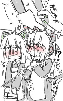 Rule 34 | !?, 1other, 2girls, ^^^, absurdres, animal ear headphones, animal ears, apron, black dress, black tail, blue archive, blunt bangs, blush, bucket, cat ear headphones, cat ears, cat tail, collared dress, commentary request, cut-in, dress, embarrassed, fake animal ears, fake tail, frilled dress, frills, grabbing another's tail, greyscale, hands up, headphones, highres, holding, holding bucket, kuragesensei, long sleeves, maid, maid apron, maid headdress, medium hair, midori (blue archive), midori (maid) (blue archive), momoi (blue archive), momoi (maid) (blue archive), monochrome, multiple girls, no halo, nose blush, o o, official alternate costume, official alternate hairstyle, open mouth, puffy long sleeves, puffy sleeves, siblings, sidelocks, simple background, sisters, sketch, spot color, surprised, sweat, tail, tail grab, translation request, twins, twintails, upper body, v-shaped eyebrows, wavy mouth, white apron, white background, white hair