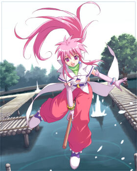 1girl :d arche_klein broom broom_riding dock elbow_gloves female_focus flying gloves long_hair open_mouth pants pink_eyes pink_hair pink_pants ponytail smile solo tales_of_(series) tales_of_phantasia yakka