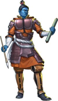 Rule 34 | 1boy, armor, artist request, black hair, blank eyes, blue skin, calligraphy brush, colored skin, demon (megami tensei), frown, highres, holding, holding calligraphy brush, holding paintbrush, holding scroll, koumokuten (megami tensei), official art, paintbrush, persona, persona 5, persona 5: the phantom x, scroll, shin megami tensei, solo, third-party source, topknot, transparent background